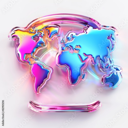 Shiny plate displaying a map of the world in a holographic, minimalistic design.