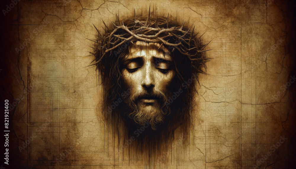 Timeless Sorrow: Jesus Christ's Crucified Face on Aged Sepia Paper. Timeless Sorrow: Jesus Christ's Crucified Face on Aged Sepia Paper.