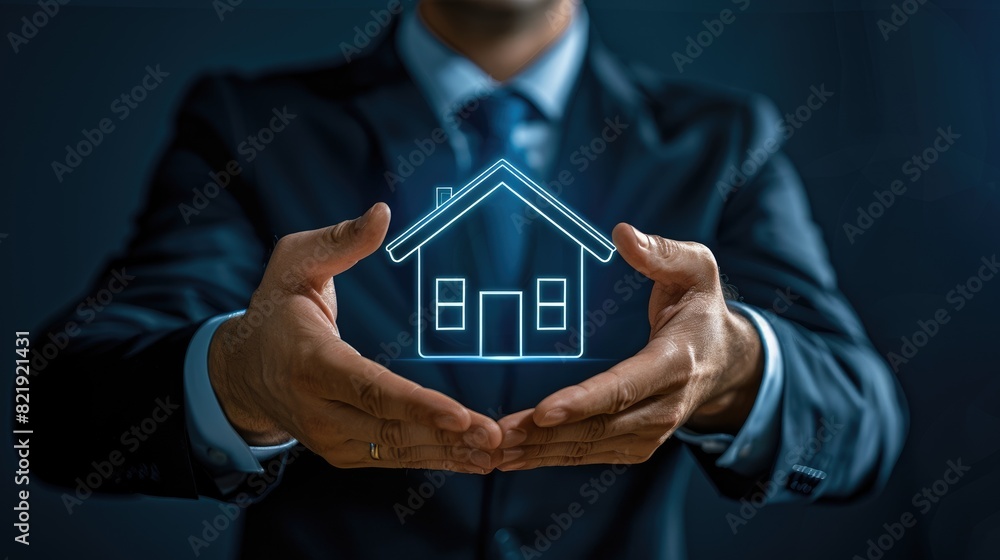 Businessman Presenting Digital Hologram of House in Hands Businessman Presenting Digital Hologram of House in Hands