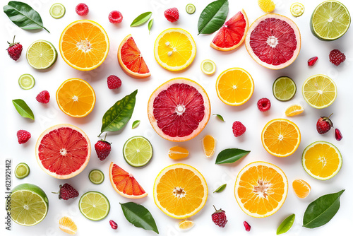 Top View of Exotic Fruits and Citrus Slices on a White Background 