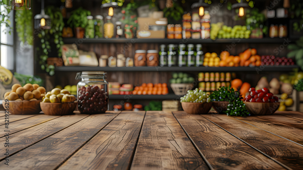 Empty wooden table in a beautifully arranged grocery store with fresh produce and ambient lighting in the background Empty wooden table in a beautifully arranged grocery store with fresh produce and ambient lighting in the background