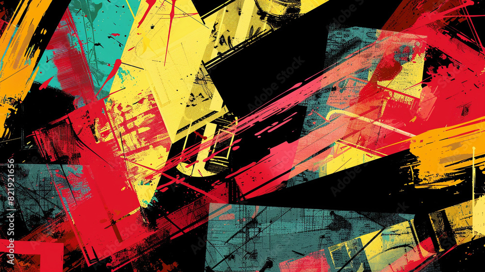 Fototapeta premium Dynamic abstract background with sharp, overlapping shapes and bold colors, featuring red, yellow, and teal splashes