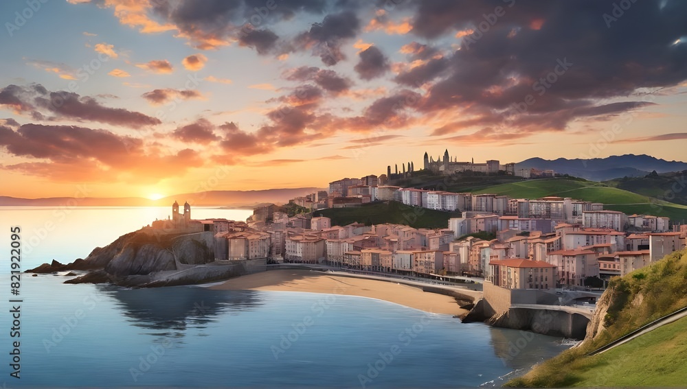 Naklejka premium Sunset view of the city of Ribadesella.Asturias, Spain.