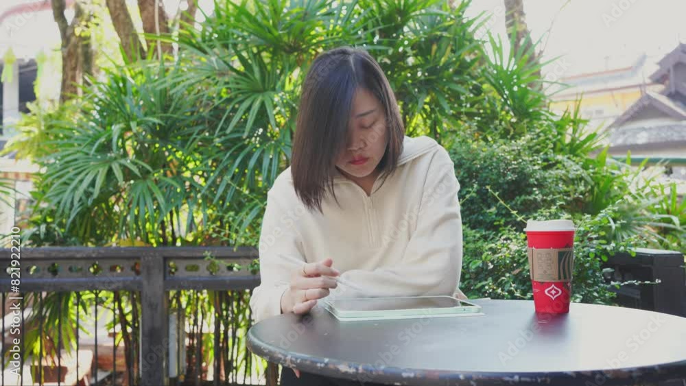 outdoor activity concept with woman work from outdoor coffee shop with relax and cheerful feeling on the morning outdoor activity concept with woman work from outdoor coffee shop with relax and cheerful feeling on the morning