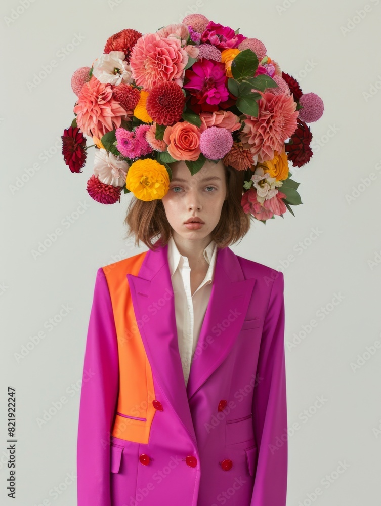 Young woman model with a bouquet of multi-colored flowers on her head on a white background in fashion editorial style. Young woman model with a bouquet of multi-colored flowers on her head on a white background in fashion editorial style.