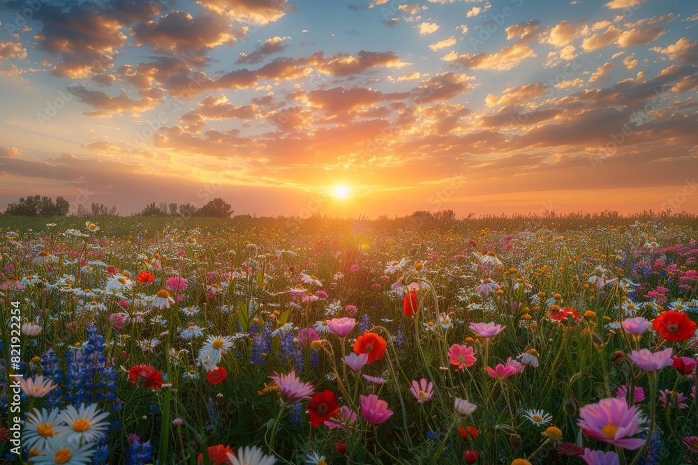 Fototapeta premium Golden hour in a field of blooming wildflowers