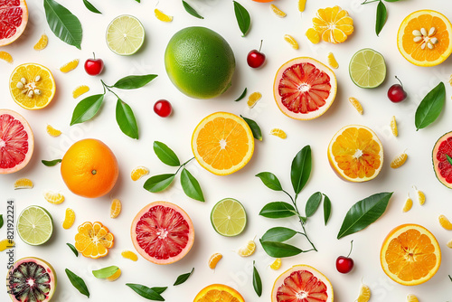 Top View of Exotic Fruits and Citrus Slices on a White Background 
