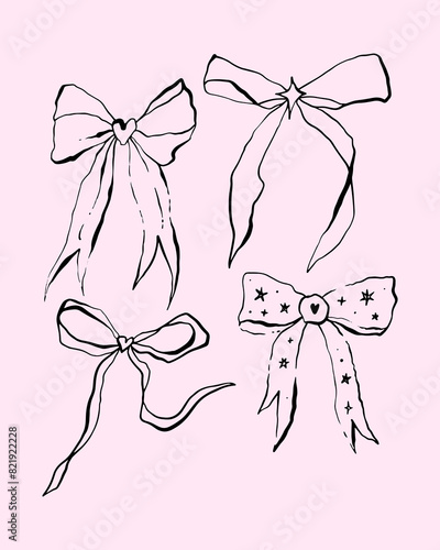 Coquette pretty charming pink heart bows bundle set vector Illustration, cute doodle hair decor, boho flat girl bow accessories. Ribbon isolated hand-drawn art. Trendy girly fancy concept. Holiday