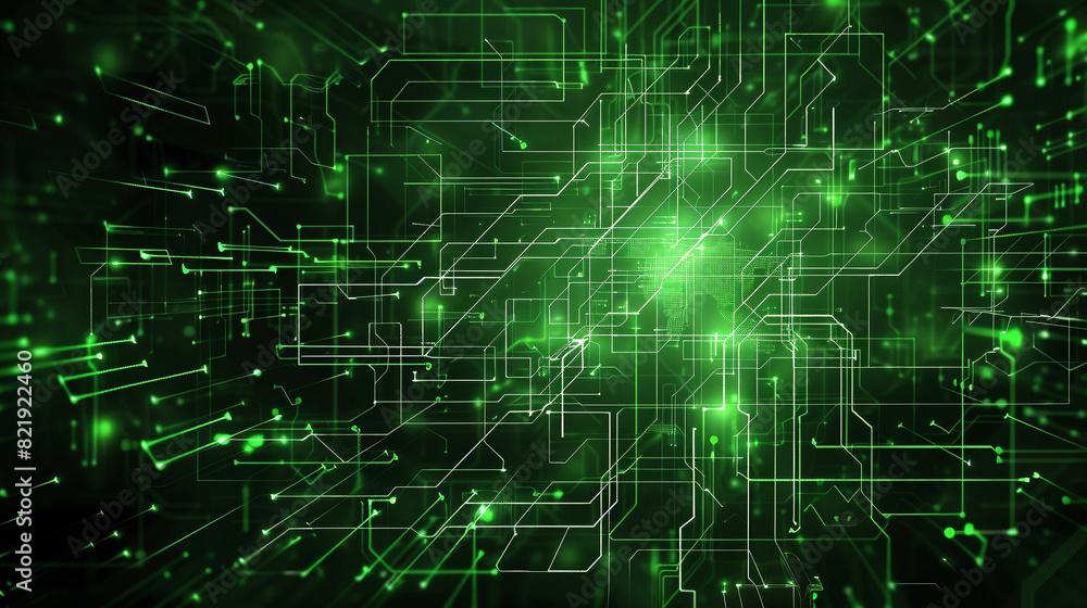 Obraz premium Abstract digital technology background in dark green color with circuit board patterns and glowing lights