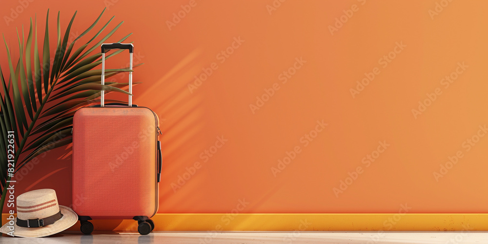 Banner with copy space and orange suitcase with straw hat and tropical leaf against an orange background Banner with copy space and orange suitcase with straw hat and tropical leaf against an orange background