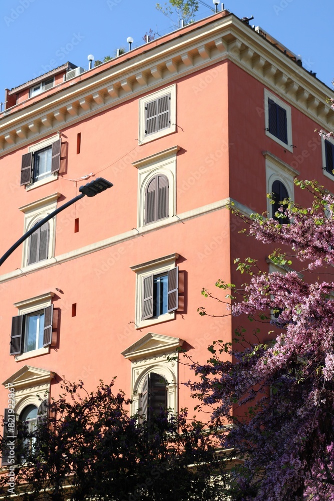 Tall pink building with windows on the street with a blooming tree and a street light in front Tall pink building with windows on the street with a blooming tree and a street light in front