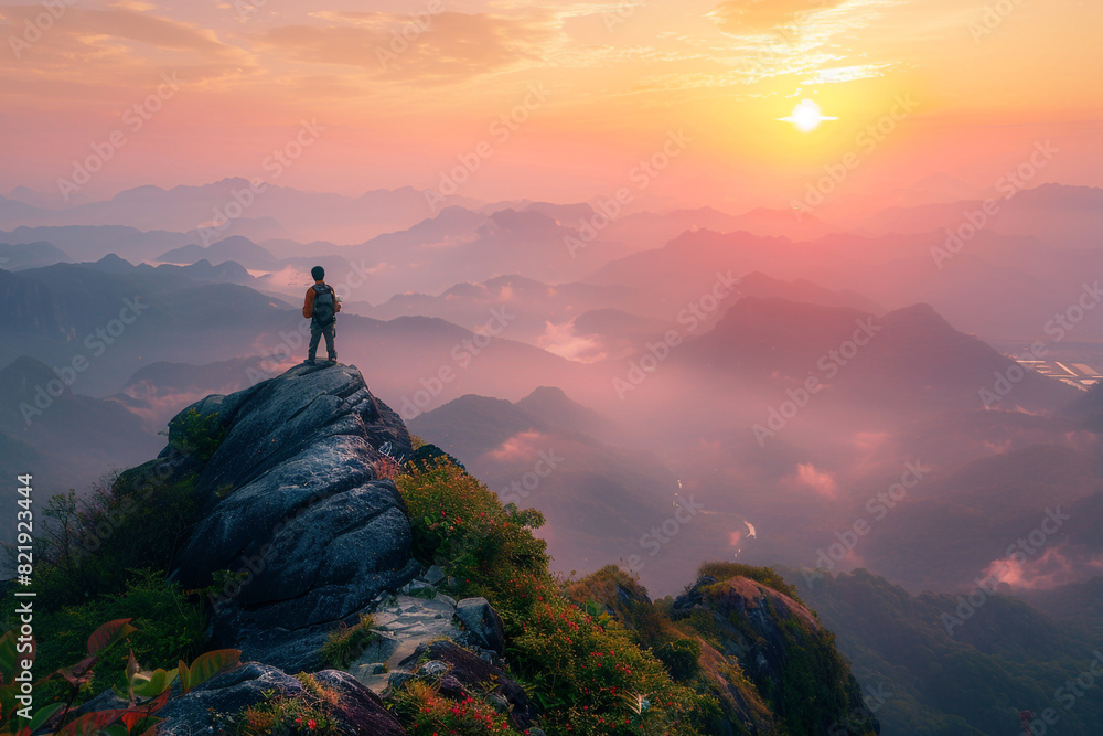 Tourist man hiker on top of the mountain at the sunrise Goals and achievements concept  