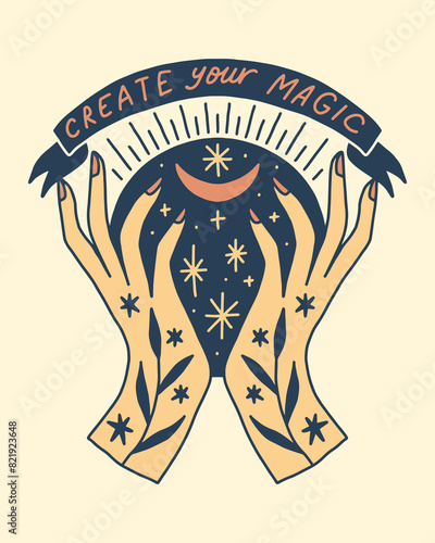 A set of female floral hands with celestial symbols, logo in minimal linear style. Vector design template with different hand-drawn outline gestures, moon or sun, stars and more. Good for spa, massage