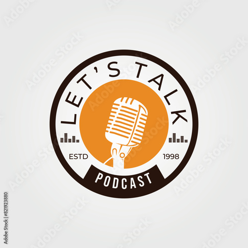 old microphone stand emblem logo vector vintage illustration design, icon, sign and symbol. podcast logo emblem for broadcast or radio station
