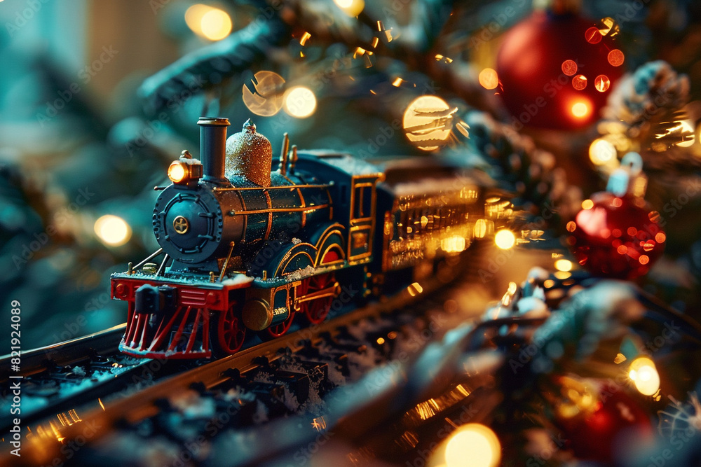 Fototapeta premium Toy train running around the Christmas tree 