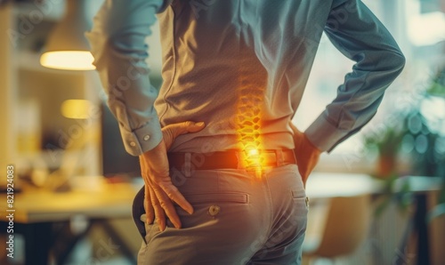 man wearing shirt have a back pain. employee back ache in the office. inflammation showing back bone and yellow red light on his hurt. © Lucianastudio