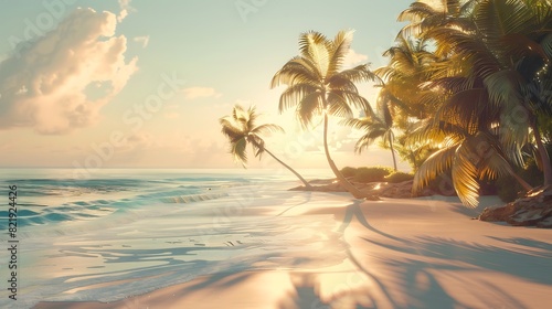 Sun-kissed beach with palm trees swaying in the gentle breeze, offering a tropical paradise for leisure and enjoyment.