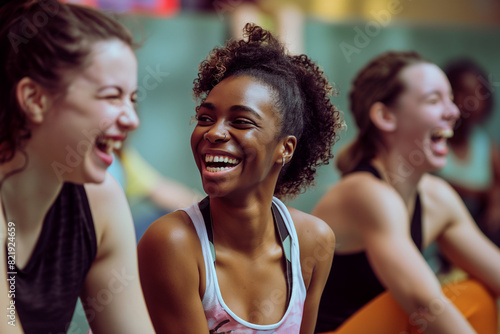Fitness, laughing and friends at the gym for training, diverse pilates class for active healthy lifestyle. exercise in a group for a workout, cardio or yoga in a studio 