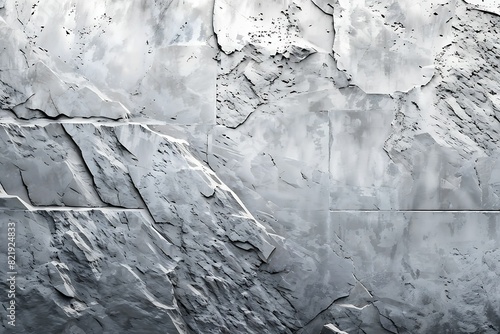 Rock texture. The surface of the mountain is like a stone wall. White gray grunge background with copy space for design. Wide banner. Panoramic. Volumetric 3D effect.