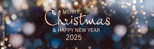 Christmas Card - Merry Christmas and Happy New Year 2025 - beautiful background banner with festive bokeh lights - panorama,  header, xmas greetings