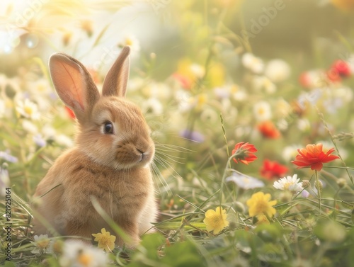 Adorable rabbit in a flower field