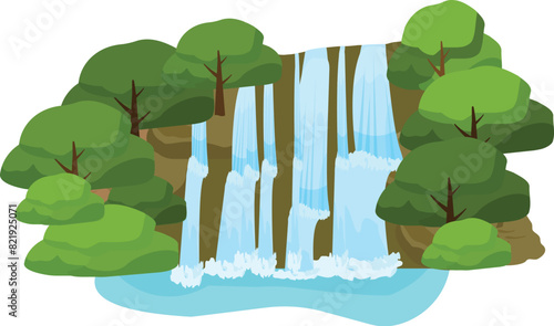 Vibrant illustration of a serene waterfall with lush greenery isolated on white