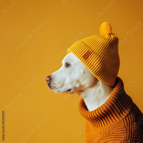 Dog in Yellow Beanie and Orange Sweater