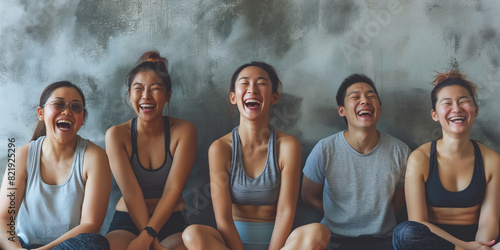 Fitness, laughing and friends at the gym for training, Asian pilates class for active healthy lifestyle. exercise in a group for a workout, cardio or yoga in a studio  photo
