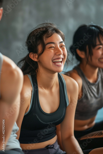 Fitness  laughing and friends at the gym for training  Asian pilates class for active healthy lifestyle. exercise in a group for a workout  cardio or yoga in a studio 