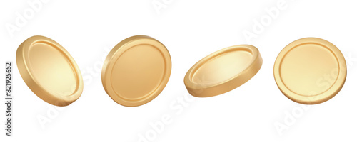 3d gold coins in different angles. Rendering of metal money. Vector isolated illustration. Cartoon realistic elements.