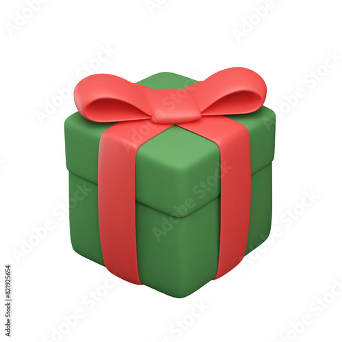 3d gift box with tied bow and ribbon. Plastic square miniature present, prize, surprise object for xmas, birthday cards. Element for sale designs, party and advertising banners. Vector illustration