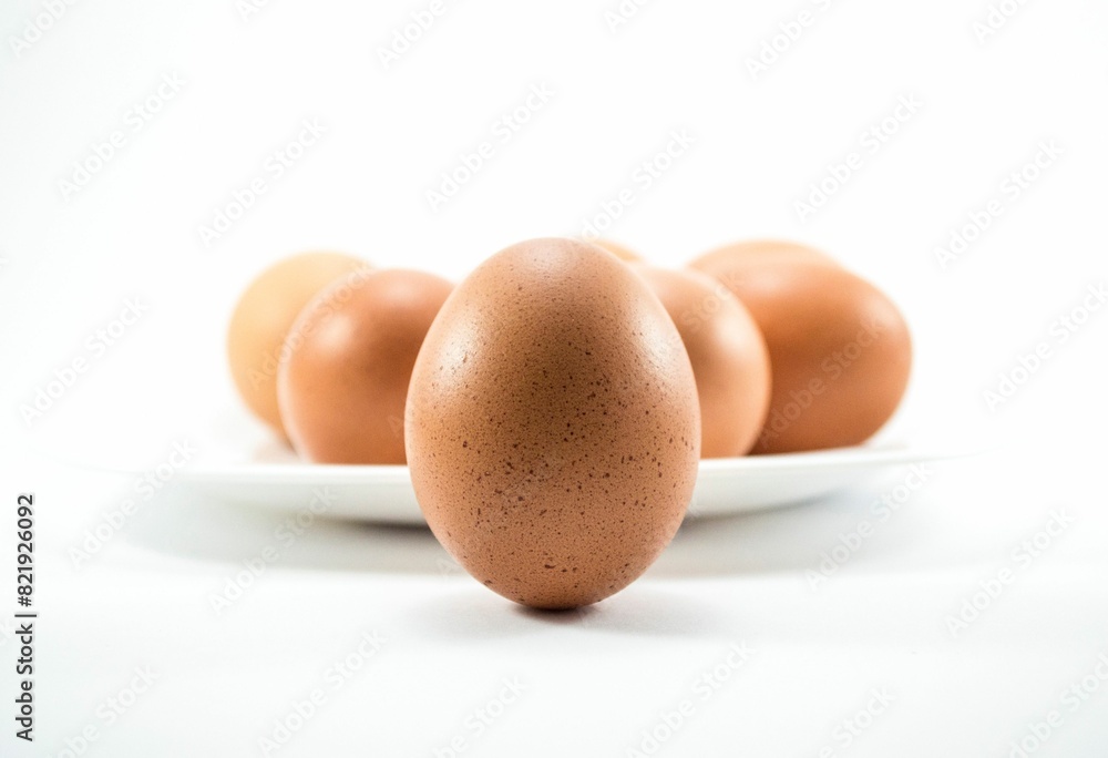 Close-up of brown chicken eggs on a white plate Close-up of brown chicken eggs on a white plate