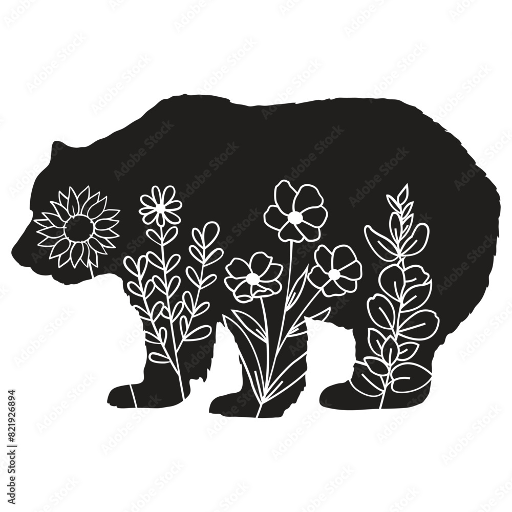 Flowers Bear Vector design. Bear Floral silhouette set. Bear with