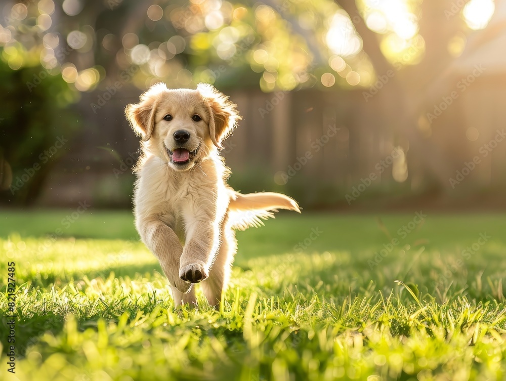Playful golden retriever puppy running in the grass Playful golden retriever puppy running in the grass