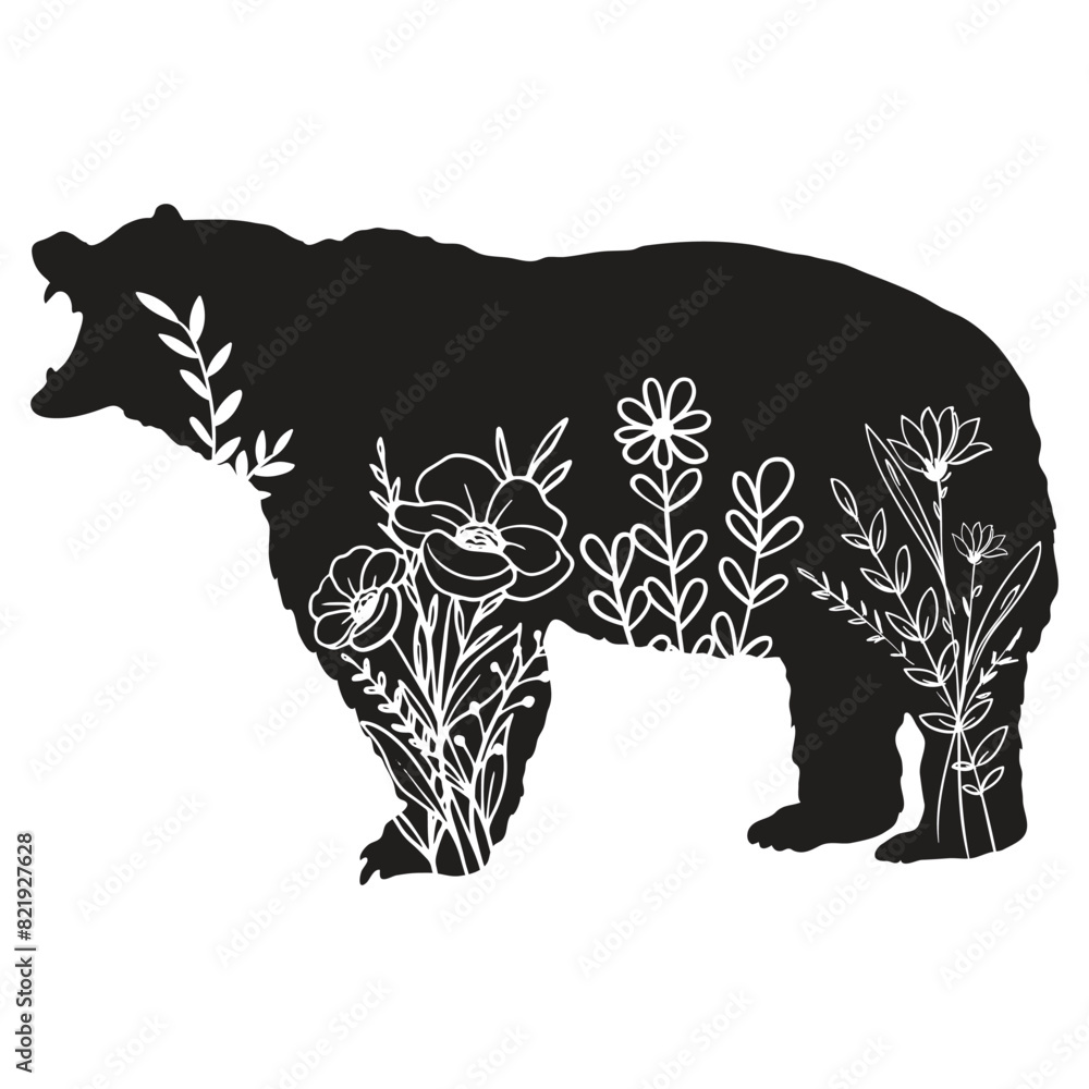 Flowers Bear Vector design. Bear Floral silhouette set. Bear with