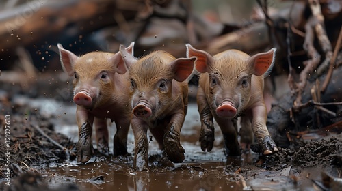 Sweet baby piglets frolicking in the mud, their oinks and snorts adding to the playful atmosphere. photo