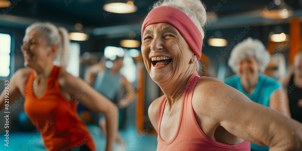 Fitness, laughing and friends at the gym for training, seniors pilates class for active retirement lifestyle. exercise in a group for a workout, cardio or yoga in a studio Fitness, laughing and friends at the gym for training, seniors pilates class for active retirement lifestyle. exercise in a group for a workout, cardio or yoga in a studio