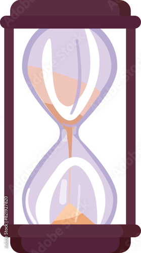 Vintage style hourglass illustration with wooden frame and purple sandglass on white background, depicting time, countdown, and management concept in classic antique design
