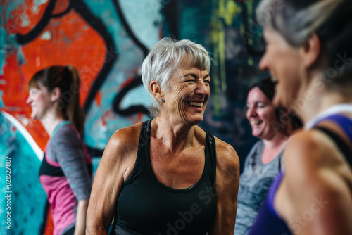 Fitness, laughing and friends at the gym for training, seniors pilates class for active retirement lifestyle. exercise in a group for a workout, cardio or yoga in a studio 