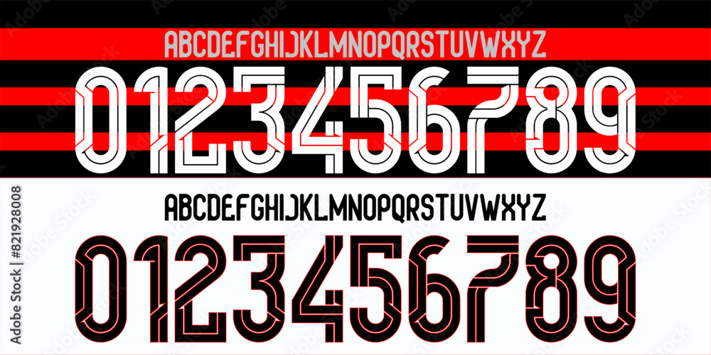 font vector team 2024-2025 kit sport style font. football style font with lines. Flamengo football font. sports style letters and numbers for soccer team. Home Away