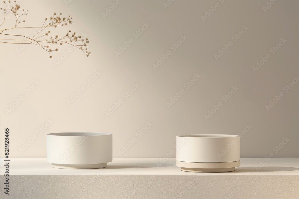 minimalist still life with ceramic containers and dried flowers minimalist still life with ceramic containers and dried flowers