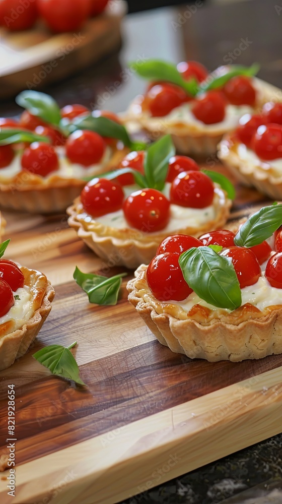 Fresh tomato basil tartlets on wooden cutting board Fresh tomato basil tartlets on wooden cutting board
