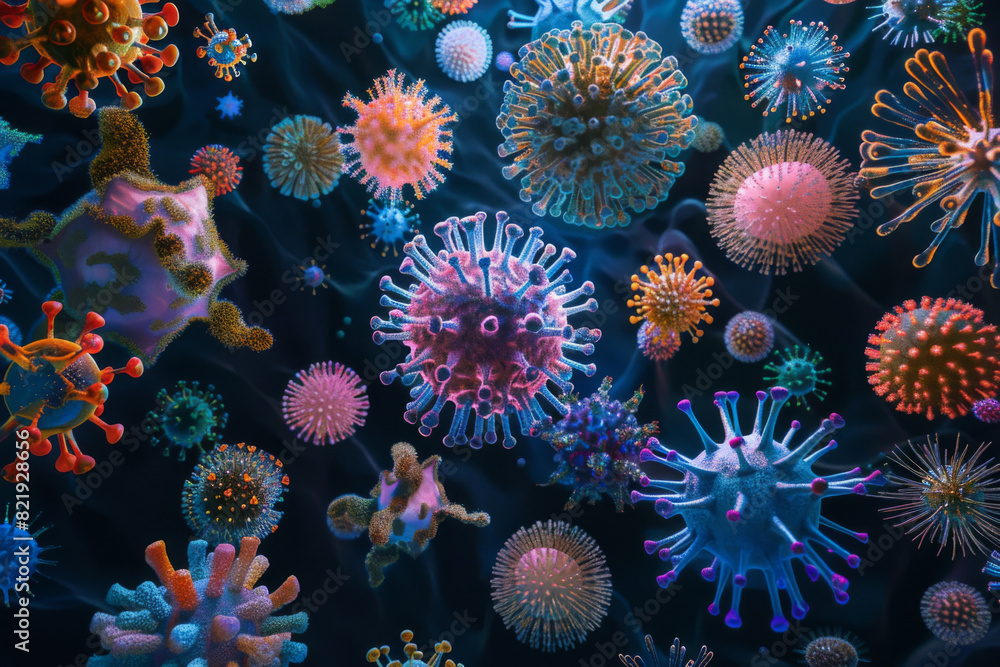 a diverse array of vibrant viruses floating against a mysterious, dark cosmic backdrop a diverse array of vibrant viruses floating against a mysterious, dark cosmic backdrop