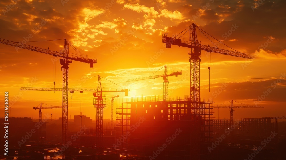 Construction of new residential high-rise buildings. Against the background of a yellow sunset sky Construction of new residential high-rise buildings. Against the background of a yellow sunset sky