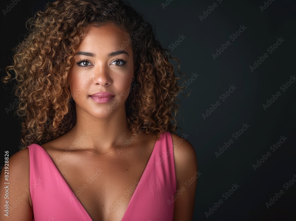 Fototapeta premium Confident woman with curly hair in pink dress