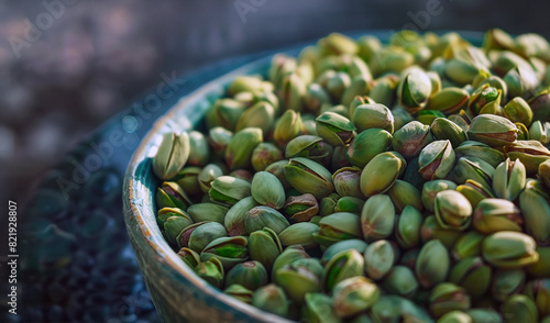 Wallpaper, background of a bowl full of green pistachios. Bright colors, freshness, summer atmosphere.