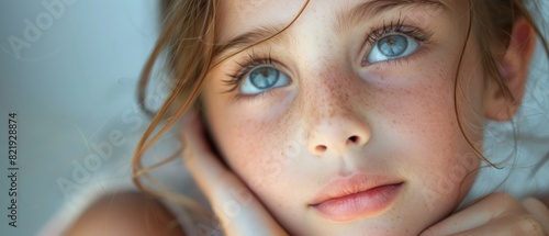 Close-up portrait of a young girl with blue eyes and freckles, looking thoughtful. Soft lighting enhances the serene and contemplative mood. photo