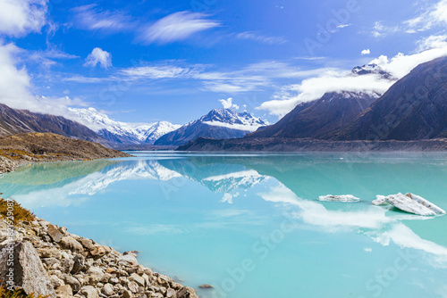Scenic view of Tasman Glacier over Tasman Lake at Mount Cook, New Zealand