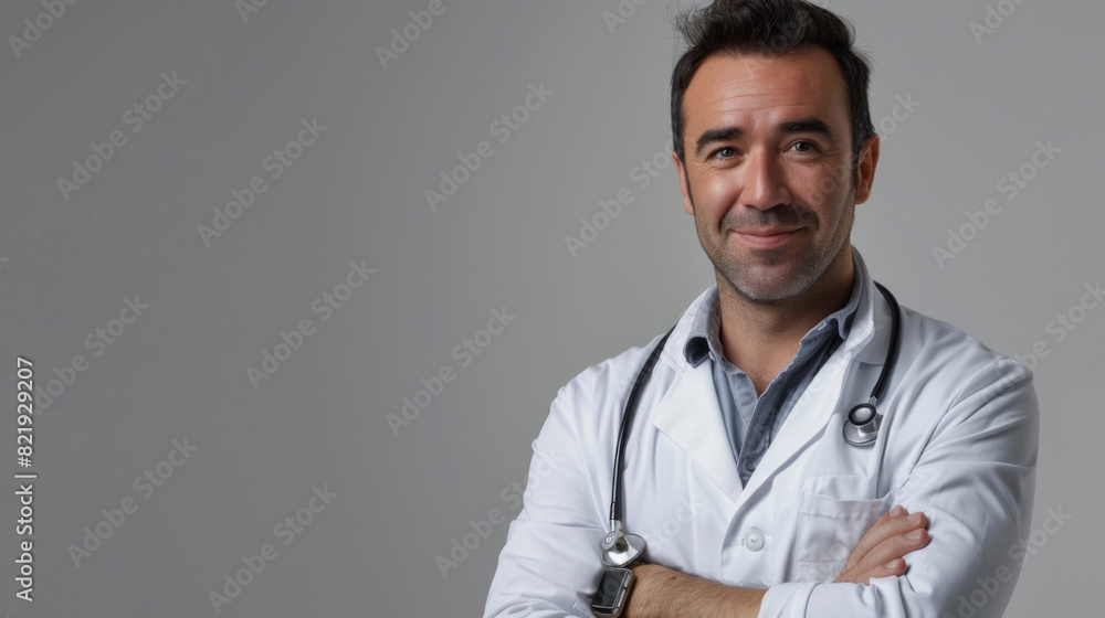 Portrait of a young doctor posing on a light background. Smiling man in doctor's coat with crossed arms indoors. Portrait of a young doctor posing on a light background. Smiling man in doctor's coat with crossed arms indoors.