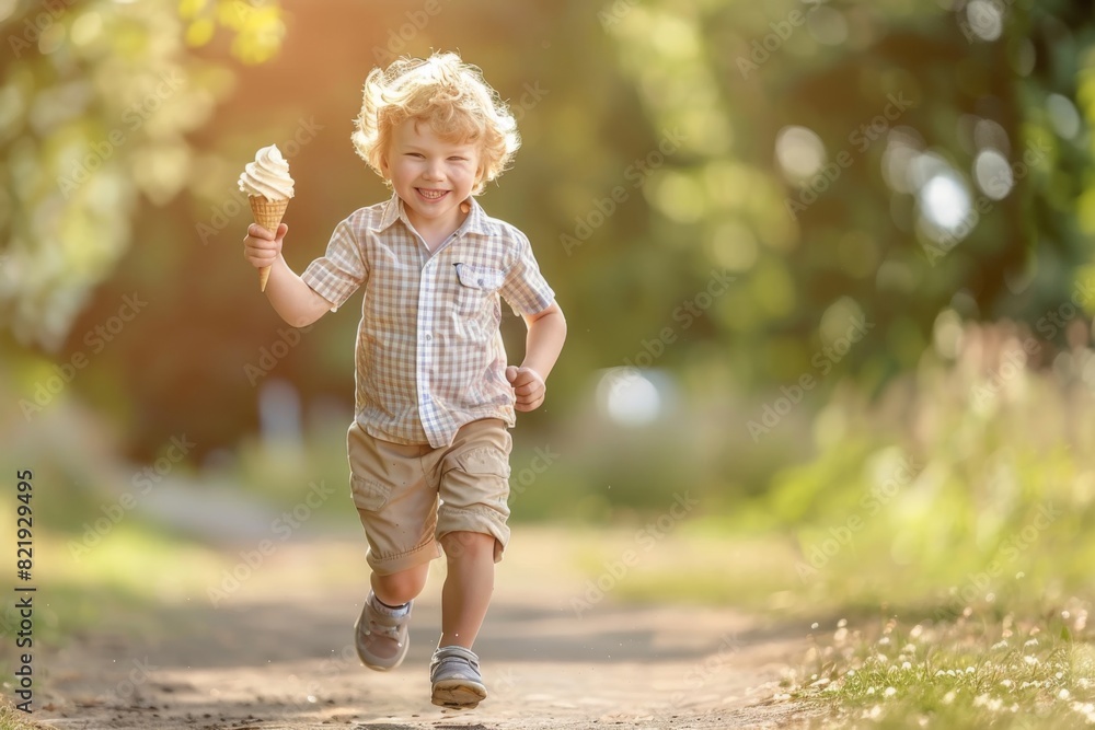 Joyful Young Boy Running with Ice Cream Cone in Summer Park Joyful Young Boy Running with Ice Cream Cone in Summer Park